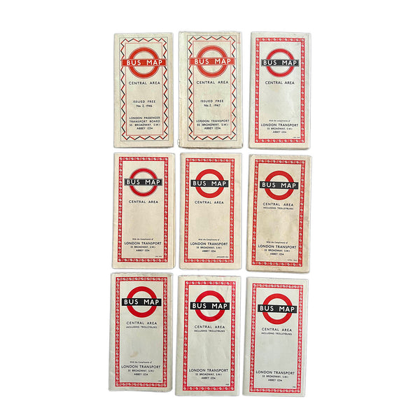 Nine different London Transport folding bus maps, for the years 1946, 1947, 1949, 1950, 1951, 1952, 1957, 1959 and 1961.