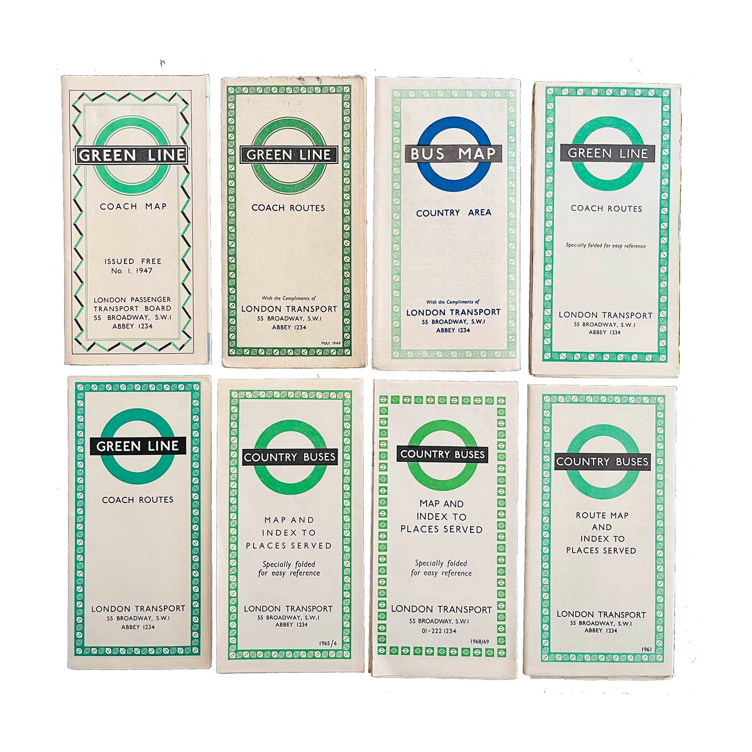 Eight different London Transport folding bus maps, for the years 1947, 1949, 1955/6, 1956, 1961 (2 types), 1963 and 1968/9.