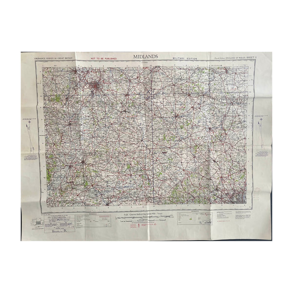 Original linen backed Ordnance Survey map of Midlands (Sheet 8), 1/4 inch to 1 miles scale. Military Edition 20 January 1939