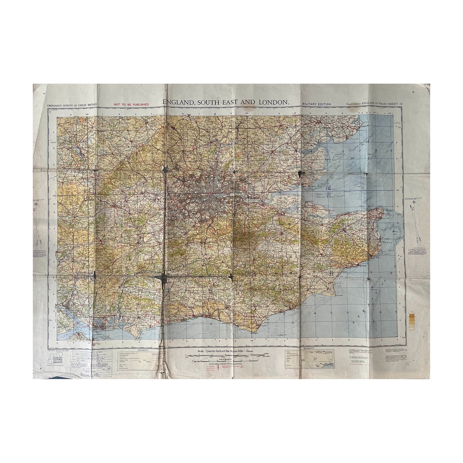 Original linen backed Ordnance Survey map of England South East and London (Sheet 12), 1/4 inch to 1 miles scale. Military Edition, 1939. Folded