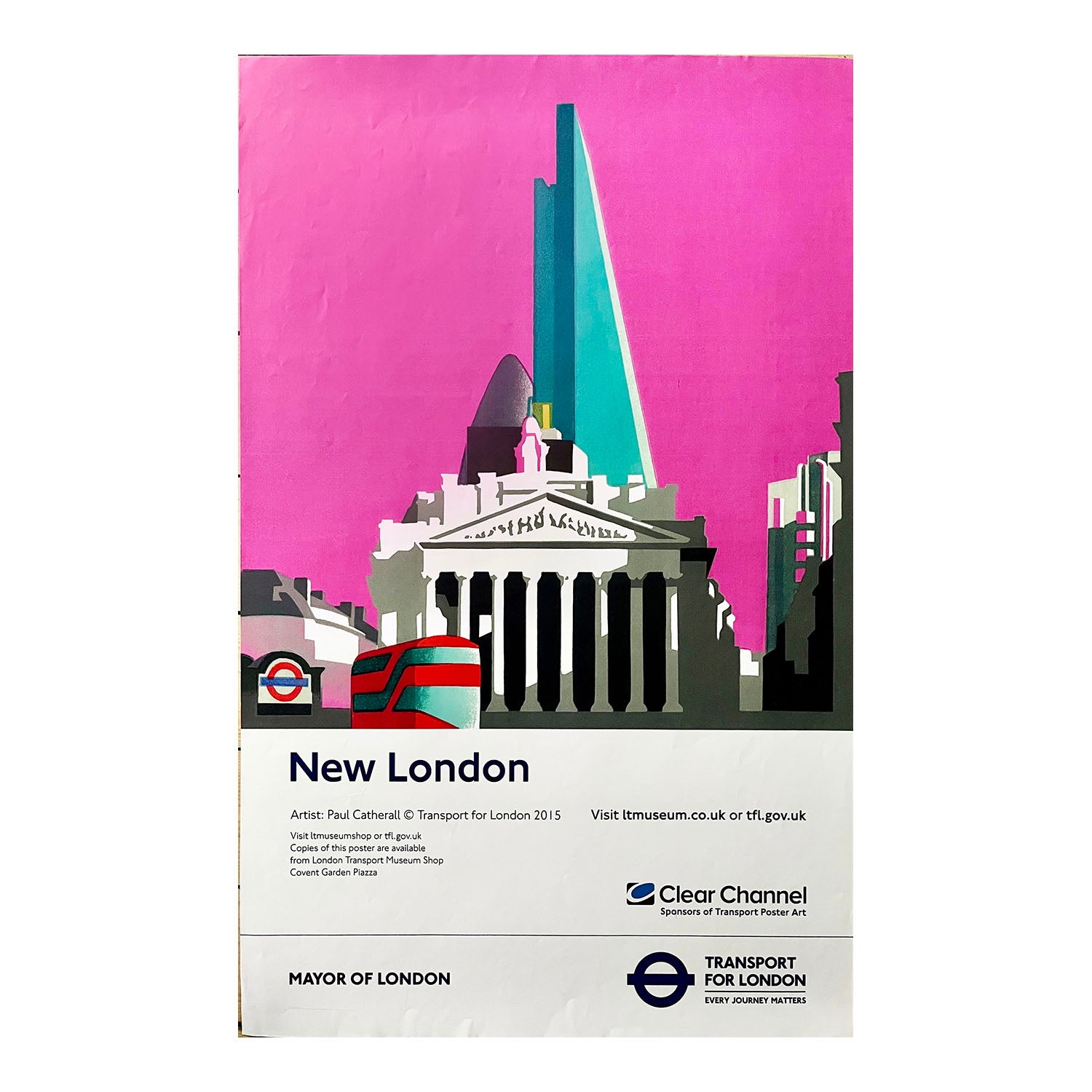 Original travel poster, New London, designed by the outstanding printmaker and illustrator Paul Catherall. Published by Transport for London, 2015. The design, based on a linocut by Catherall, depicts the New Routemaster bus (colloquially known as the Boris Bus after London Mayor Boris Johnson) against an iconic view of the City of London.