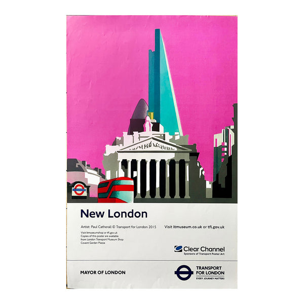 Original travel poster, New London, designed by the outstanding printmaker and illustrator Paul Catherall. Published by Transport for London, 2015. The design, based on a linocut by Catherall, depicts the New Routemaster bus (colloquially known as the Boris Bus after London Mayor Boris Johnson) against an iconic view of the City of London.