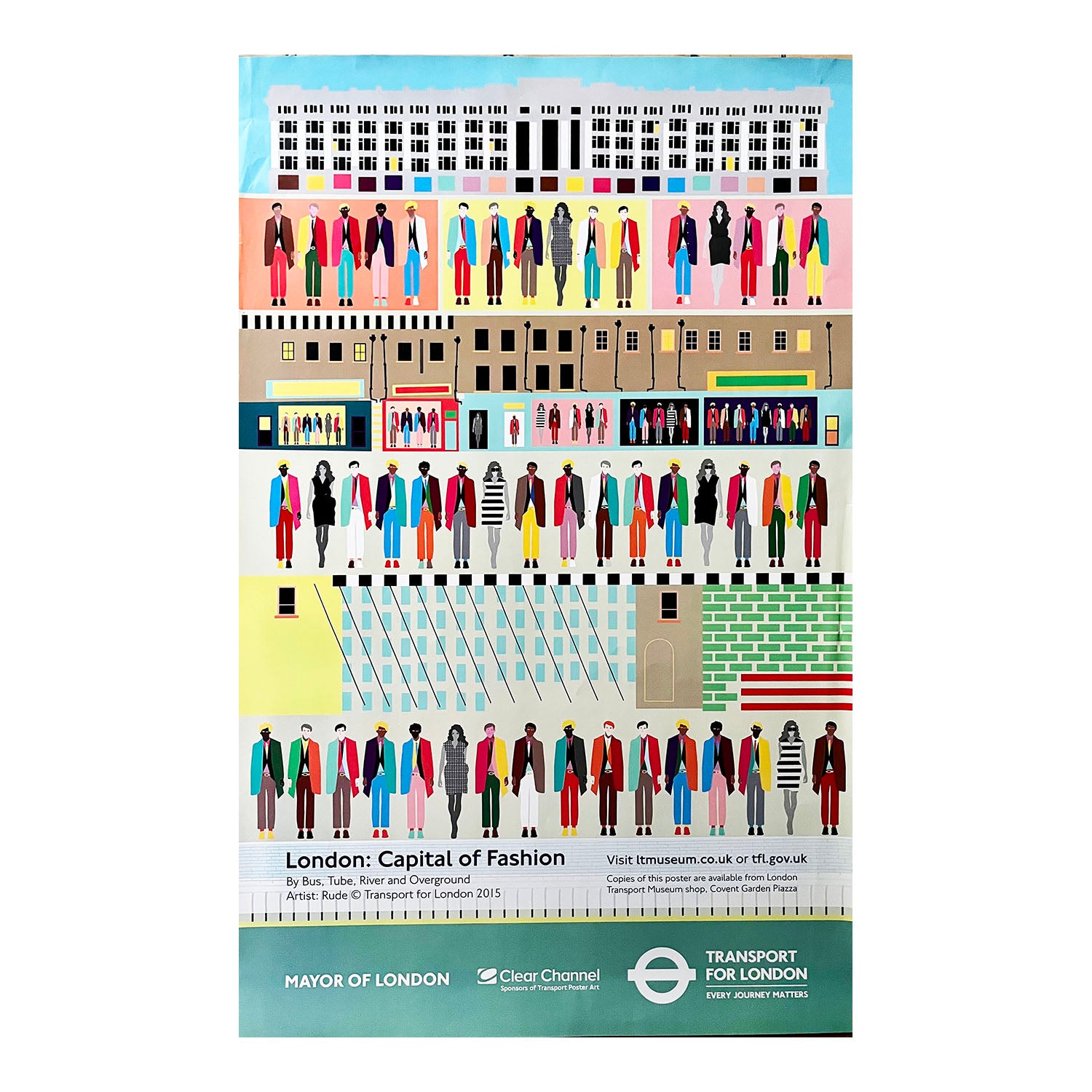 Original travel poster, London: Capital of Fashion, designed by RUDE (Rupert & Abi Meats), published by Transport for London in 2015. A vibrant, Pop Art inspired collage of fashionably dressed Londoners, clothes shops and (possibly) art colleges
