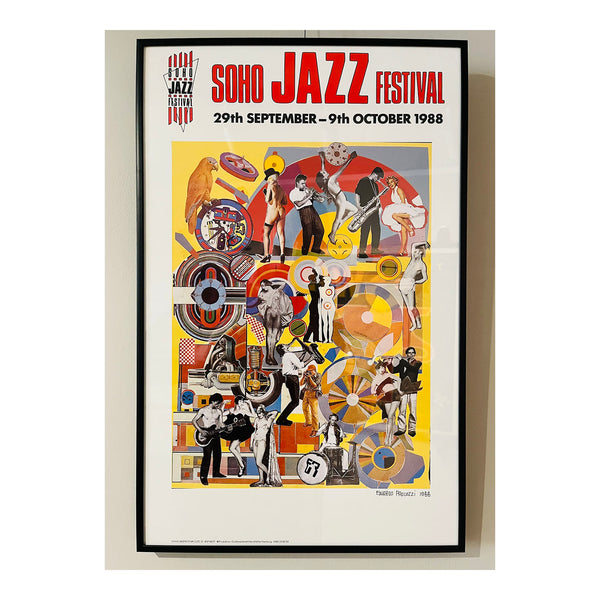 An original, framed, poster for the 1988 Soho Jazz Festival designed by the ‘godfather’ of pop art, Eduardo Paolozzi