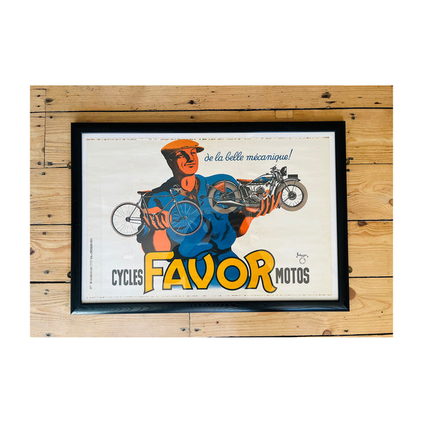Original, framed, French advertising poster, Cycles Favor Moto, designed by Pierre Bellenger, 1937. The images shows a man holding a bicycle with one had and a motorcycle in the other, under the slogan de la belle mécanique!