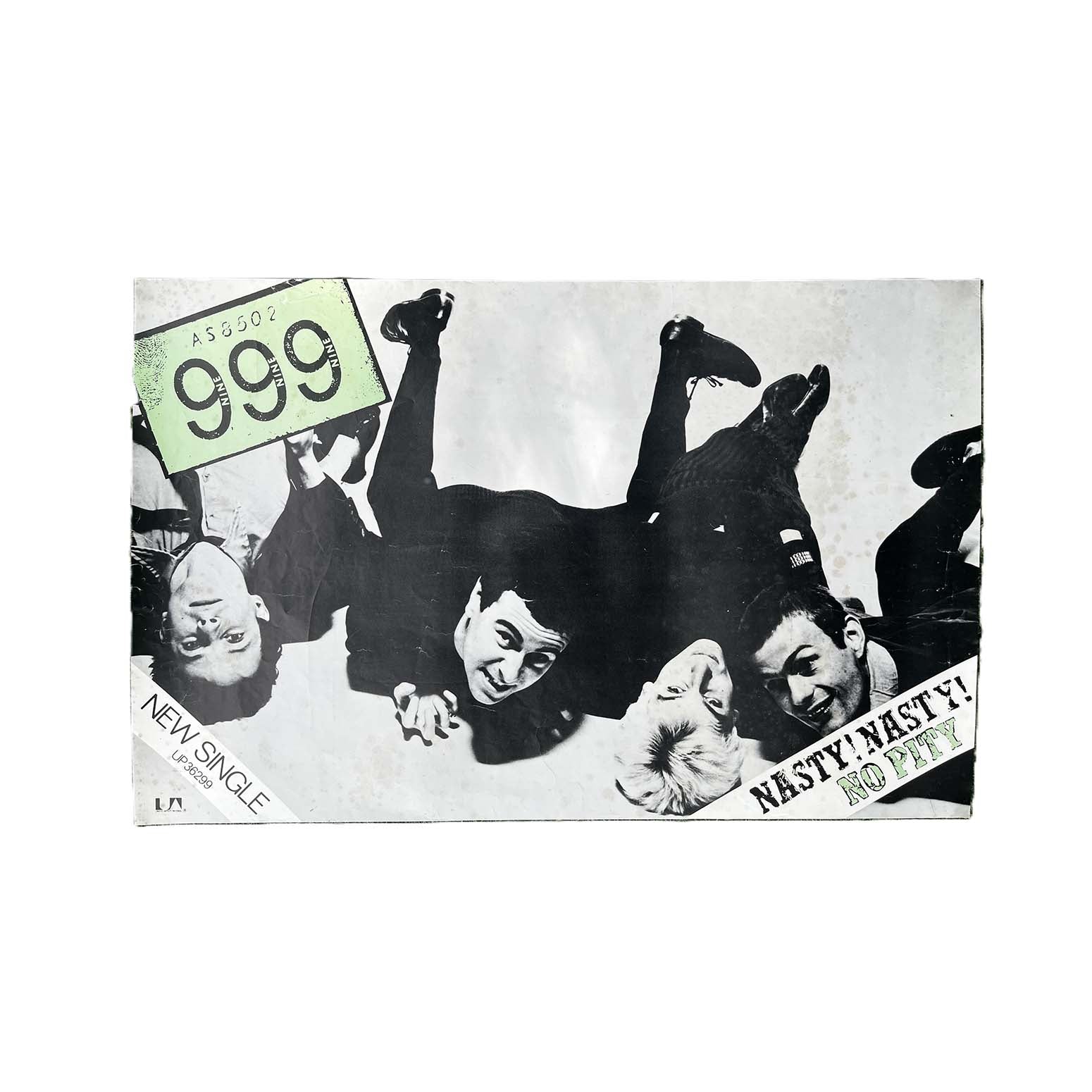 Original promotional poster, Nasty Nasty / No Pity, by English Punk rock band 999, released by United Artists Records, October 1977