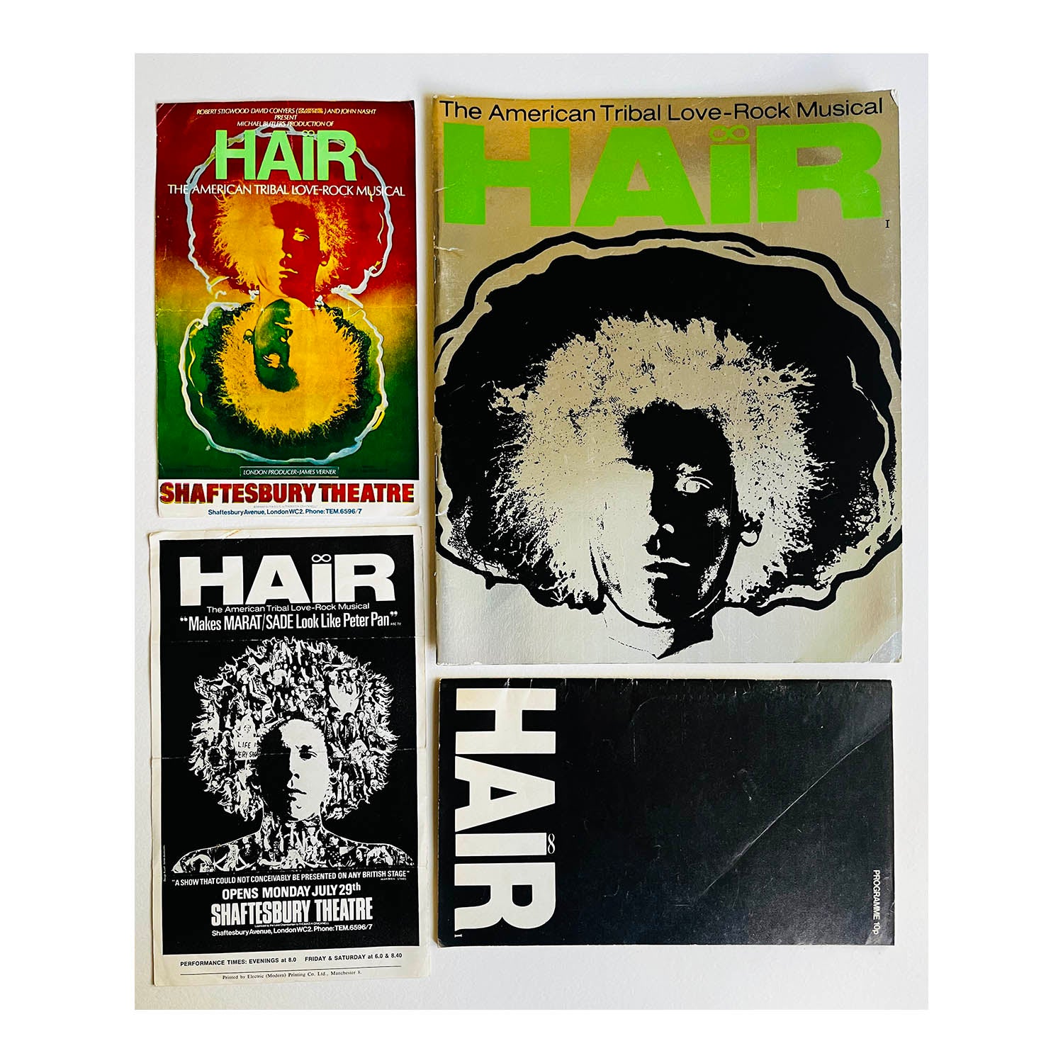 Group of original items relating to the original production of the the era-defining 60s musical Hair: The American Tribal Love-Rock Musical&nbsp;at the Shaftesbury Theatre, London, starring Paul Nicholas, 1968-1971. Including: pre-opening flyer, show flyer, original programme 1968, later programme, 1971