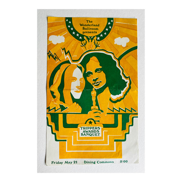 A vintage-style illustrated event poster for 'The Wonderland Ballroom presents Trippers Awards Banquet' with a yellow and green design, photographed against a white background.