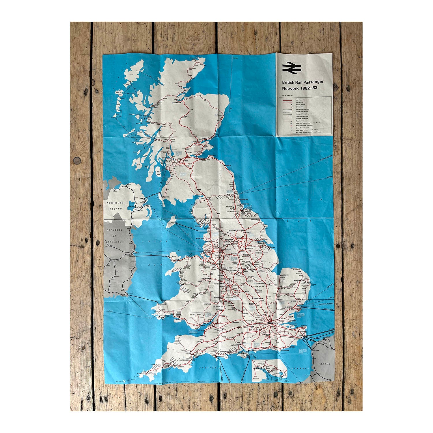 British Rail Passenger Network folding map, 1982. The front shows the principal rail network of the British Isles in geographic format.