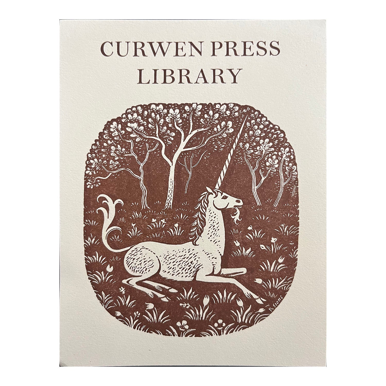 Curwen Press Library book plate, printed at the Curwen Press for the famous printer's reference library.  The design features a resting unicorn in a woodland setting