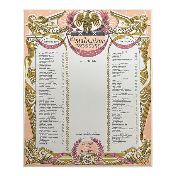 railway hotel menu for the Malmaison Restaurant, Central Hotel, Glasgow, designed by Eric Fraser, c. 1965
