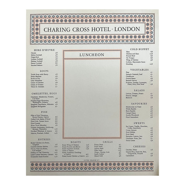 original railway hotel menu, Charing Cross Hotel, London, printed by the Curwen Press, c. 1960.