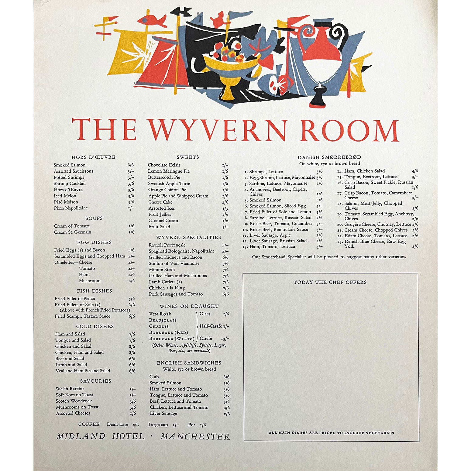 original railway hotel menu for the Wyvern Room Restaurant, Midland Hotel, Manchester, c. 1960