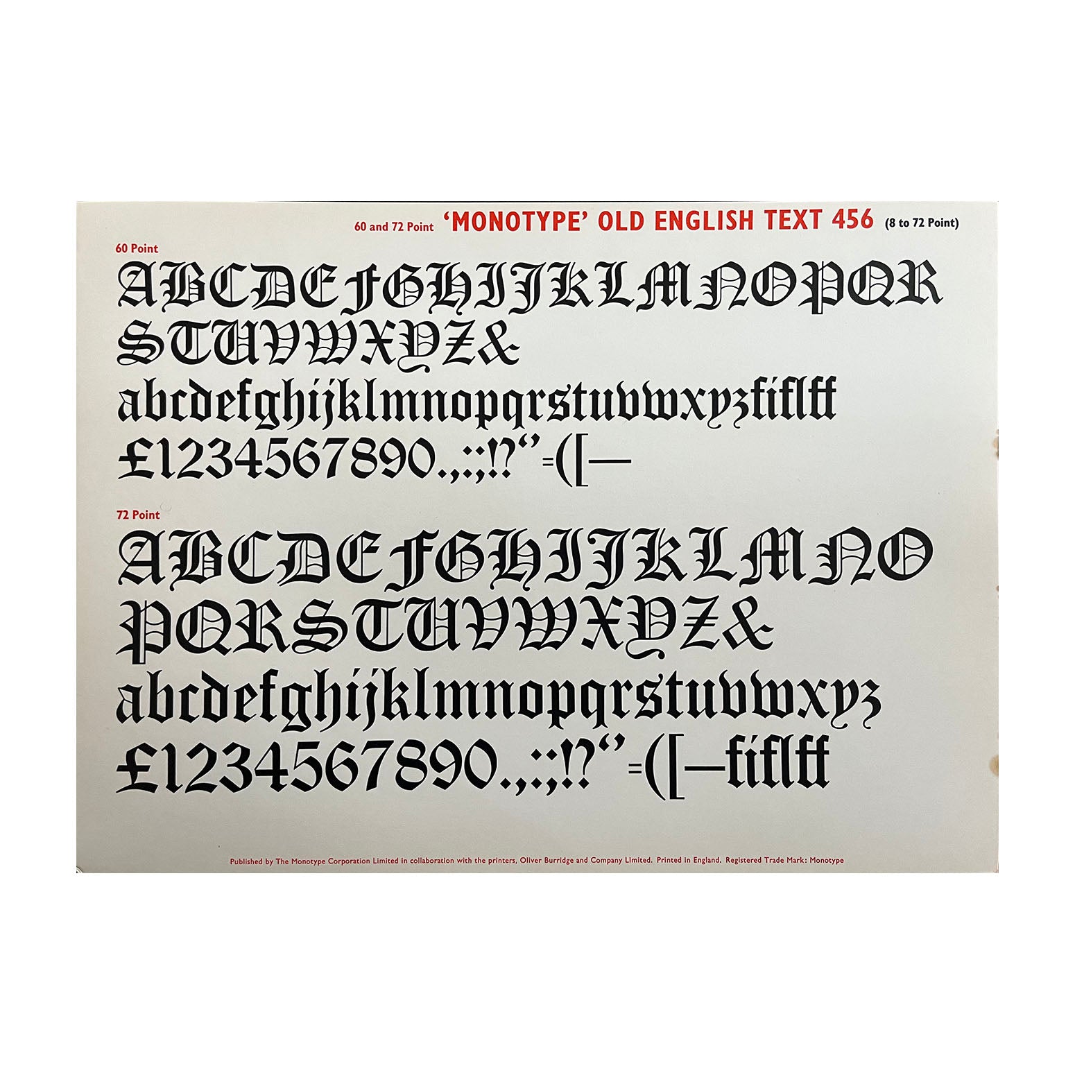 An original printer’s sample sheet, Old English Text 456 (8 to 72 Point), published by the Monotype Corporation Ltd