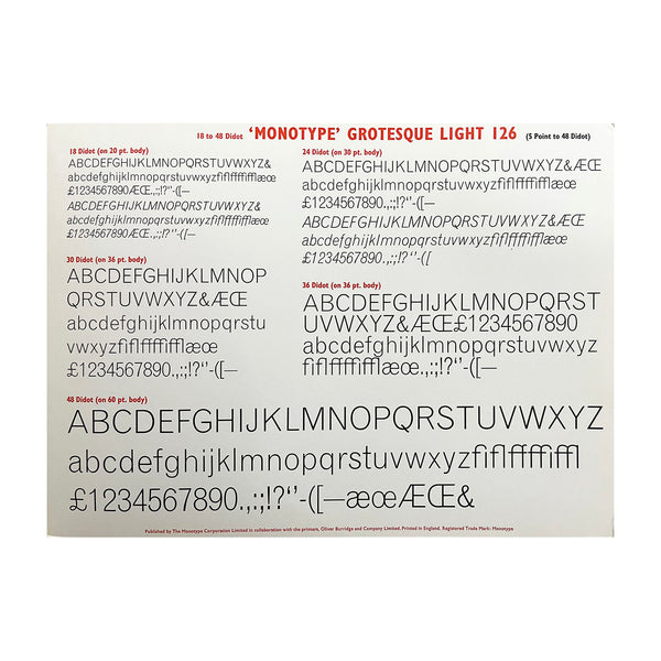 printer’s sample sheet, Grotesque Light 126 (5 to 48 didcot), published by the Monotype Corporation Ltd. From the Curwen Press. 