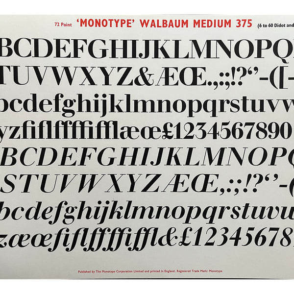 original printer’s sample sheet, Walbaum Medium 375 (6 to 60 didcot & 72 Point), published by the Monotype Corporation Ltd