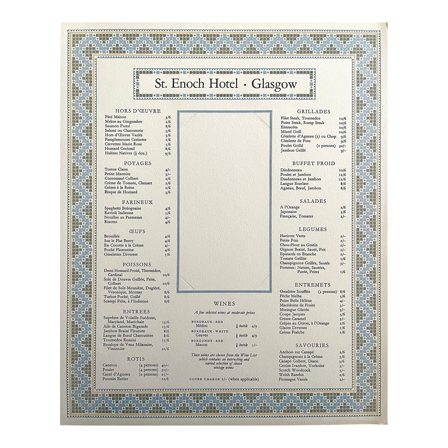railway hotel menu, St Enoch Hotel, Glasgow, printed by the Curwen Press, c. 1960