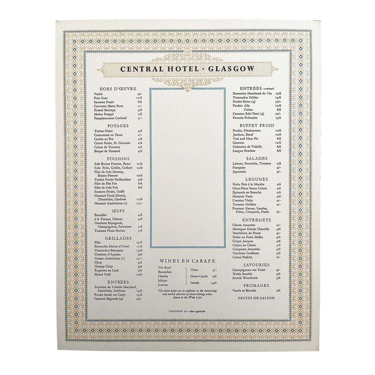 railway hotel menu, Central Hotel, Glasgow, printed by the Curwen Press, c. 1960. 