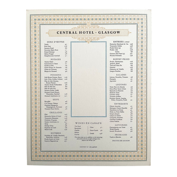 railway hotel menu, Central Hotel, Glasgow, printed by the Curwen Press, c. 1960. 