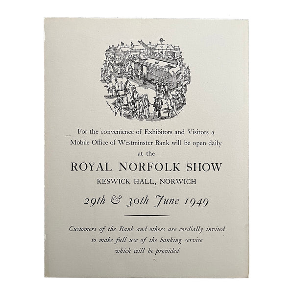 hanging card exhibitor notice published by the Westminster Bank for display at the Royal Norfolk Show, 1949