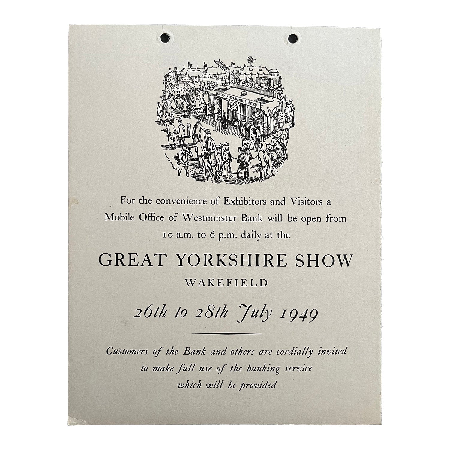 hanging card exhibitor notice published by the Westminster Bank for display at the Great Yorkshire Show, 1949.
