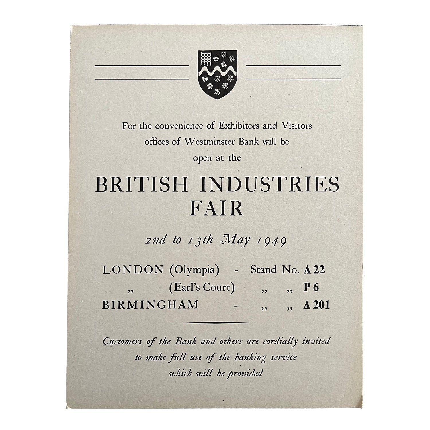 hanging card exhibitor notice published by the Westminster Bank for display at the British Industries Fair, 1949