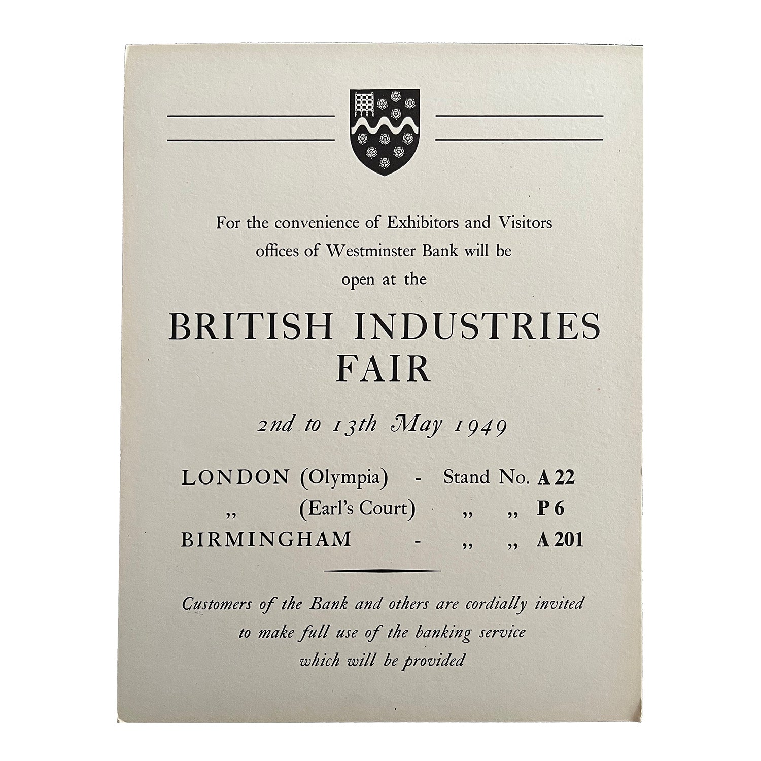 hanging card exhibitor notice published by the Westminster Bank for display at the British Industries Fair, 1949
