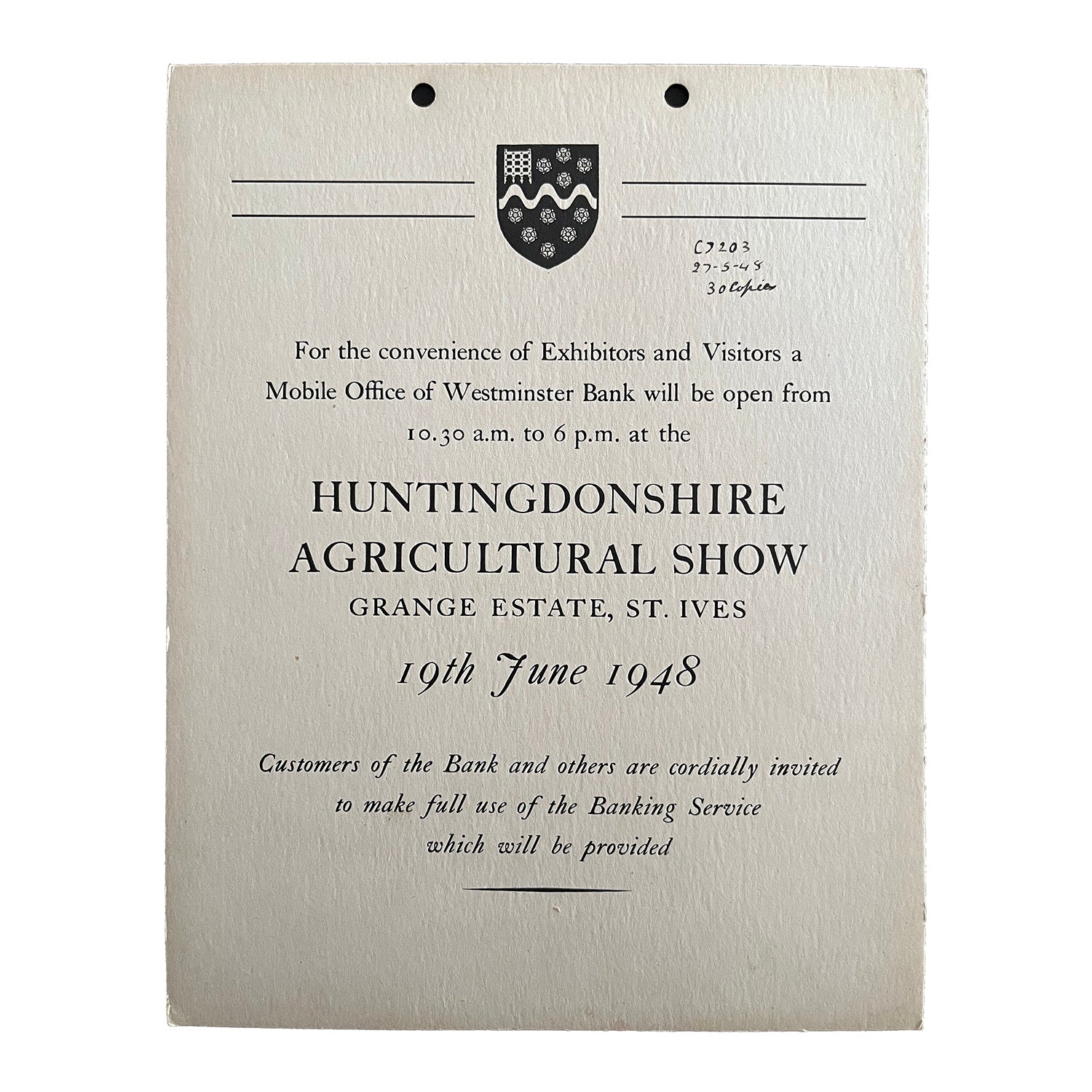 hanging card exhibitor notice published by the Westminster Bank for display at the Huntingdonshire Agricultural Show, 1948