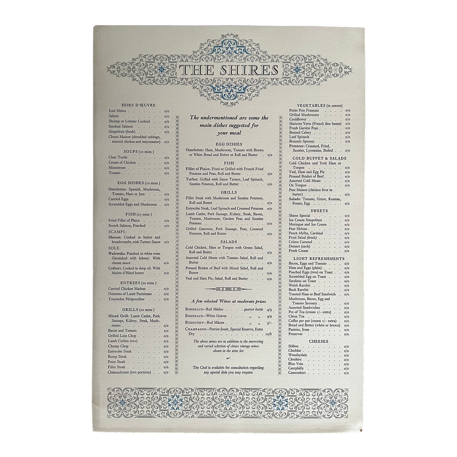 railway hotel menu for the The Shires restaurant, Welcombe Hotel (Stratford Upon Avon), printed by the Curwen Press, c. 1960.