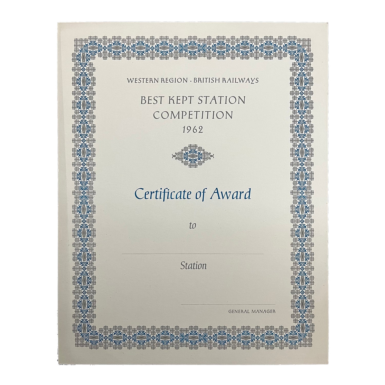 Best Kept Station certificate, published by British Railways (Western Region), printed by the Curwen Press, 1962.
