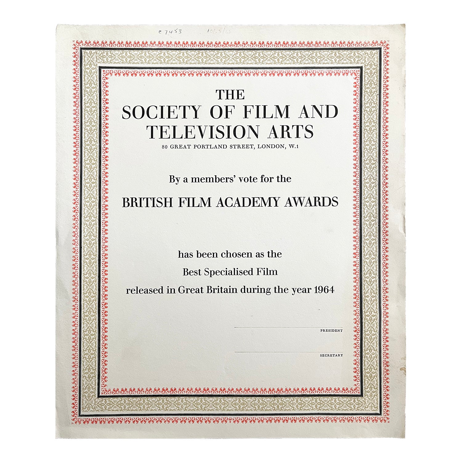 original unissued proof certificate for the British Academy Awards, Best Specialised Film released in Great Britain during the year 1964