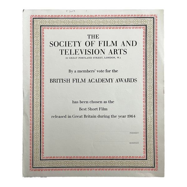 original unissued proof certificate for the British Academy Awards, Best Short Film released in Great Britain during the year 1964. Printed at the Curwen Press