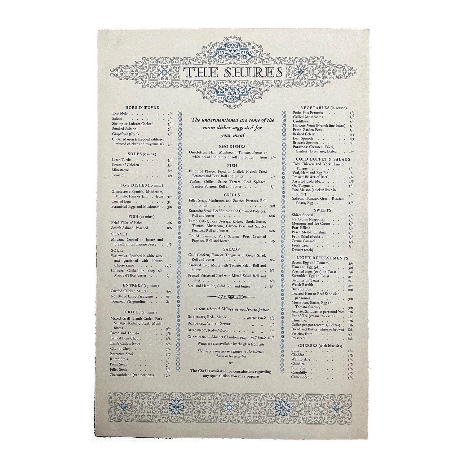 original railway hotel menu for the The Shires restaurant, Welcombe Hotel (Stratford Upon Avon), printed by the Curwen Press, c. 1960.