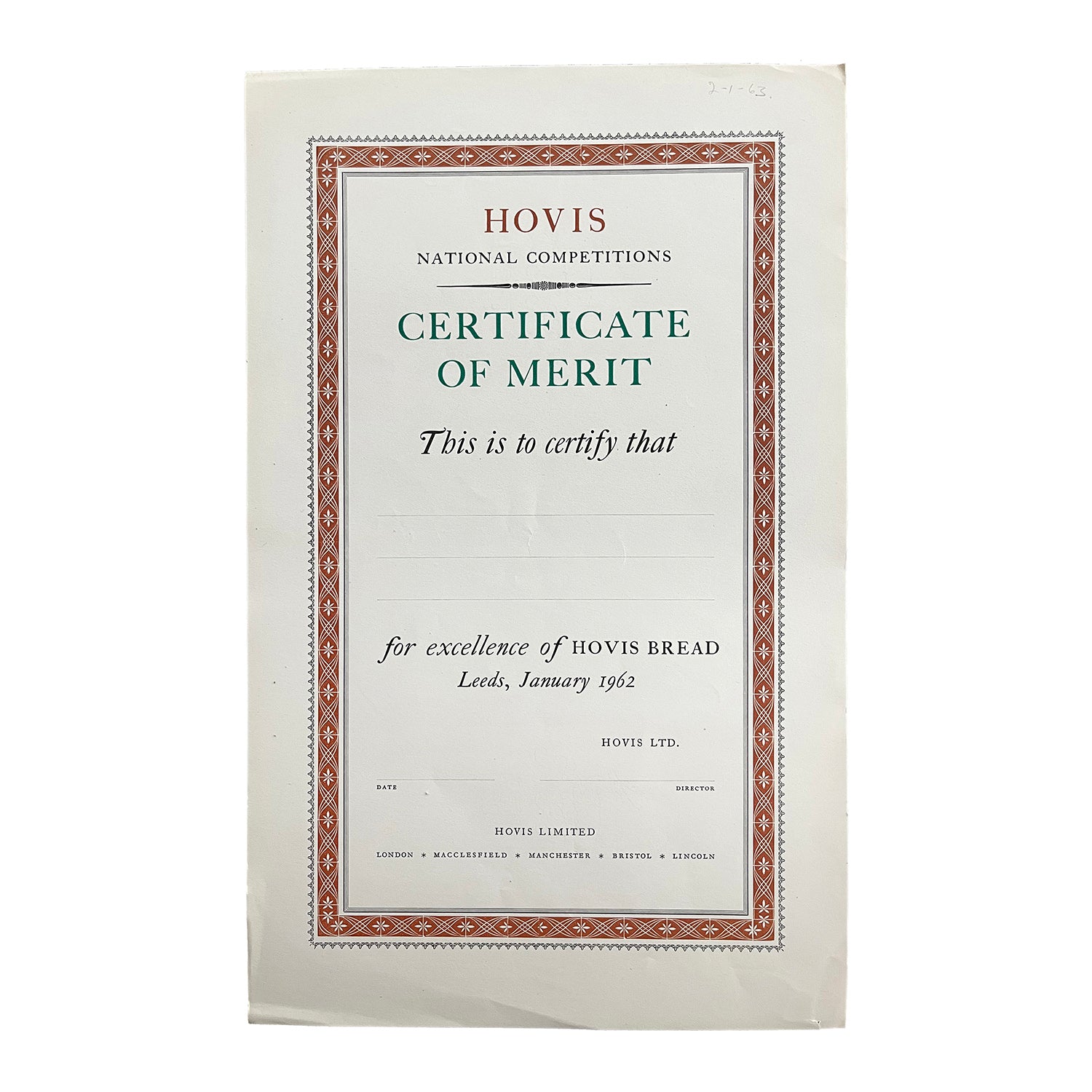 original unissued proof certificate from the Curwen Press, Hovis Certificate of Merit, Leeds, 1962.