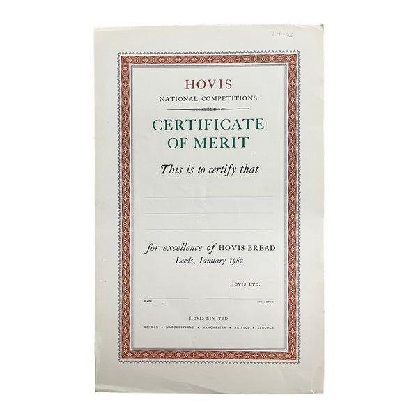 original unissued proof certificate from the Curwen Press, Hovis Certificate of Merit, Leeds, 1962.