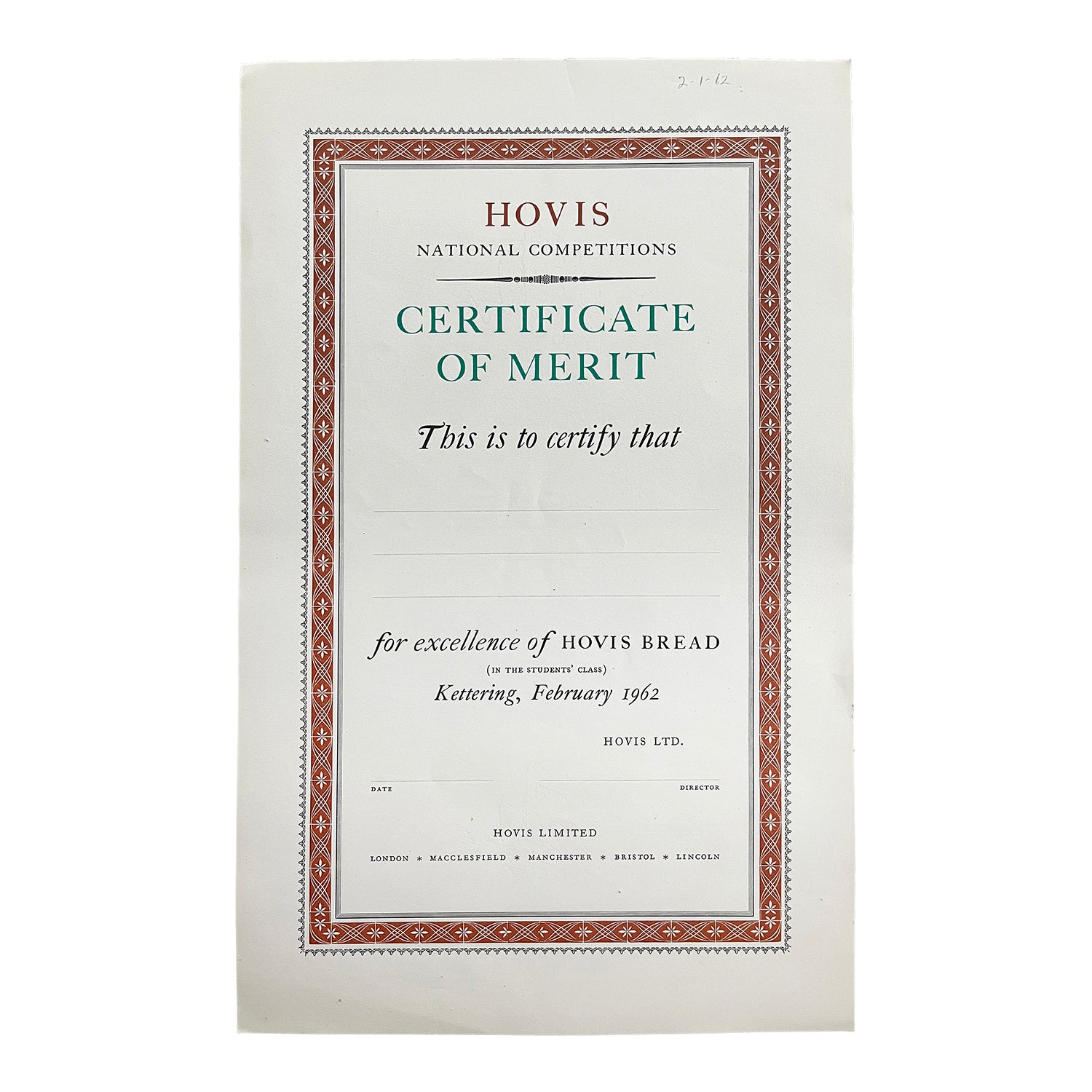 original unissued proof certificate from the Curwen Press, Hovis Certificate of Merit, Kettering, 1962