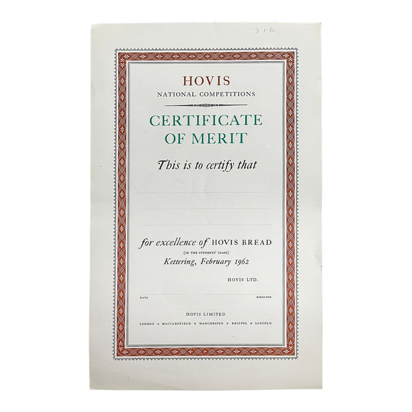 original unissued proof certificate from the Curwen Press, Hovis Certificate of Merit, Kettering, 1962