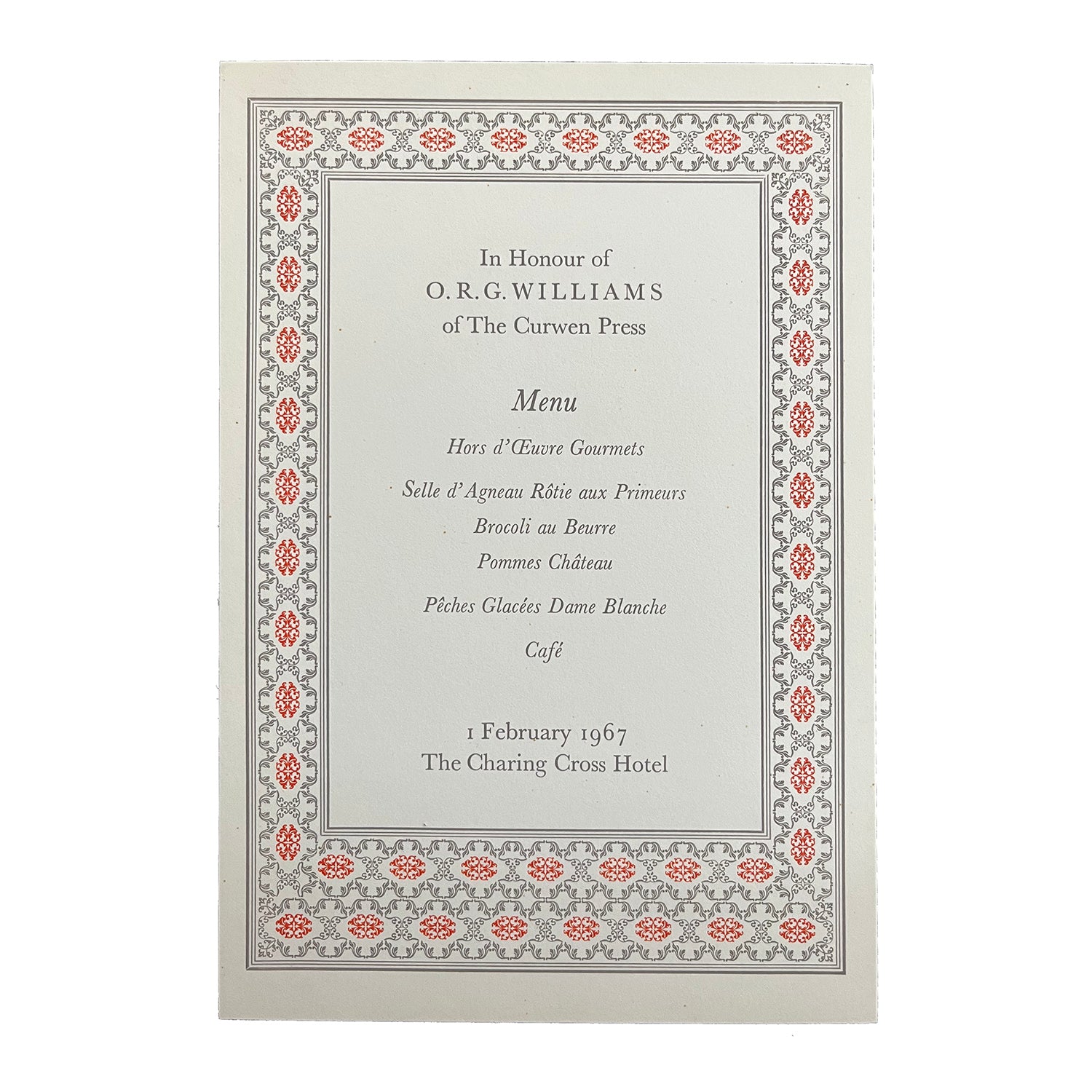 original menu, designed and printed by the Curwen Press for the retirement of ORG Williams, Charing Cross Hotel, 1967. 