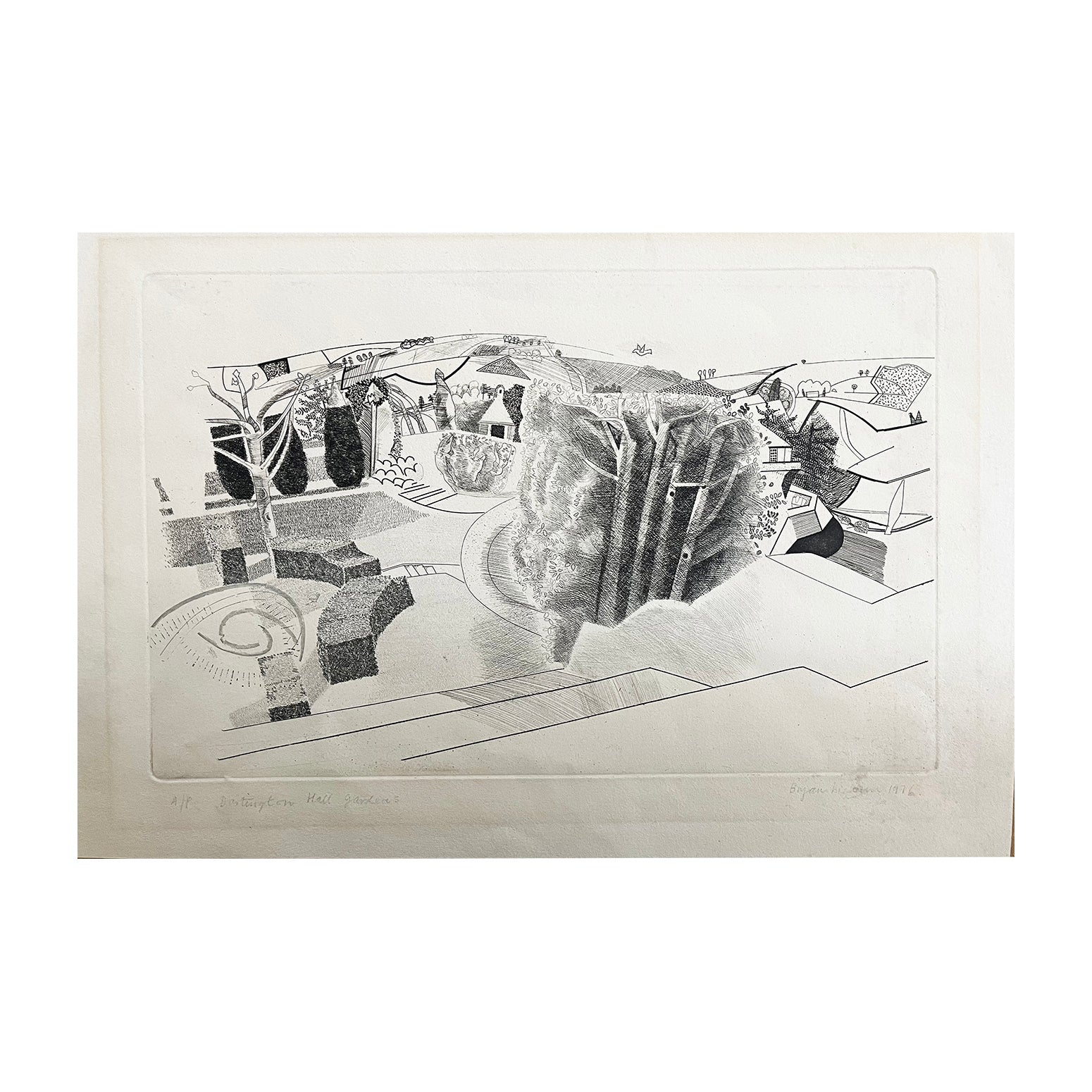 original artist’s proof, Dartington Hall Gardens, by Bryan Ingham (1936–1997), printed by Curwen Studios, 1976. Hand signed and titled in pencil. Etching & aquatint. 
