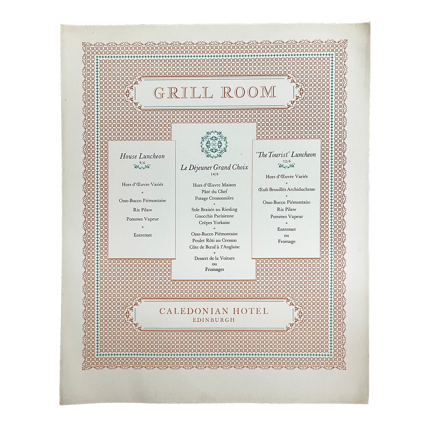 original menu for the Grill Room, Caledonian Hotel, Edinburgh, c. 1955.