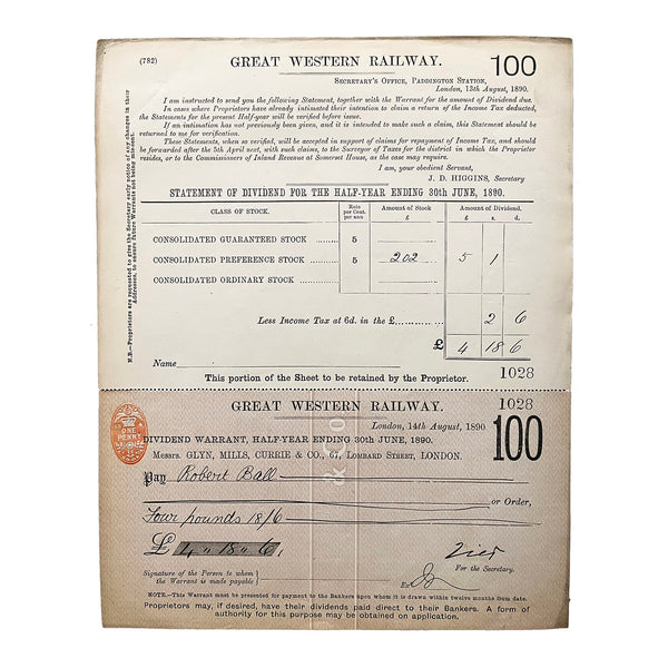 Original Great Western Railway Statement of Dividend, dated 14 August 1890. 