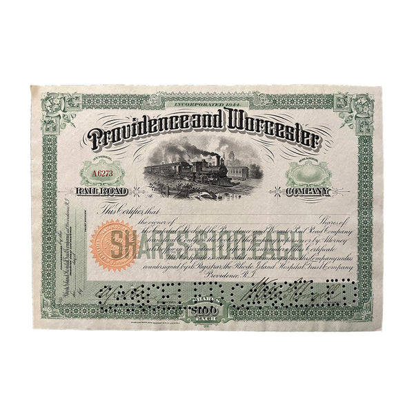 Original railway share certificate, Providence and Worcester Railroad Company. Unissued.&nbsp; Very attractive layout, featuring an early American steam locomotive