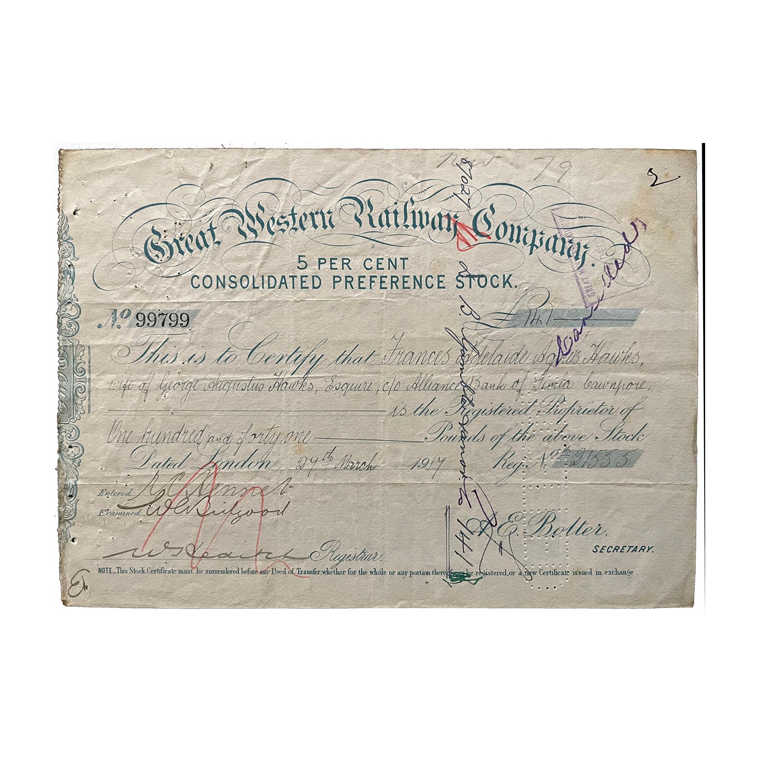 Original railway share certificate, Great Western Railway Company, 5% Consolidated Preference Stock, £141, issued 1917