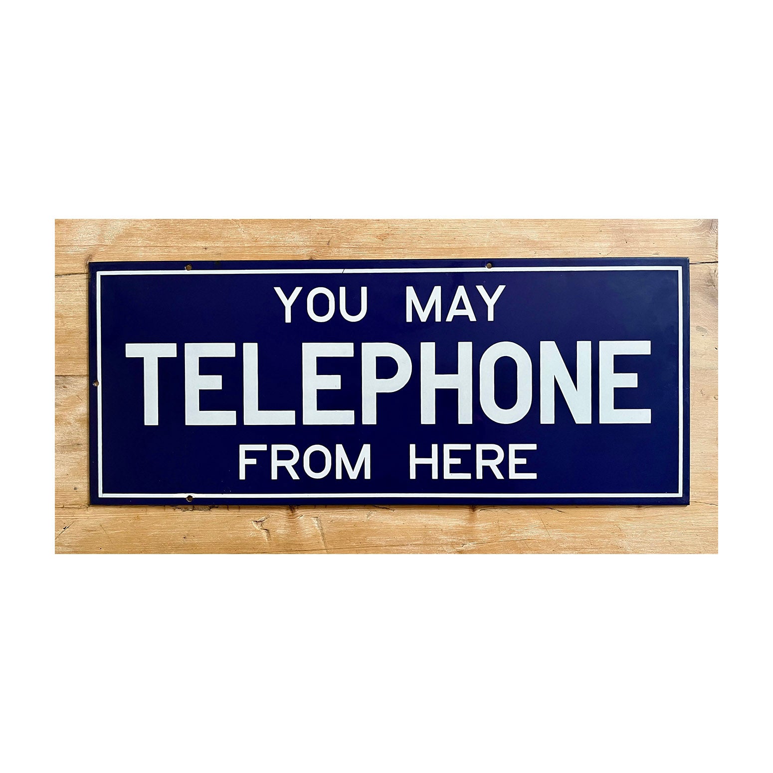 original mid-century double sided enamel sign 'You May Telephone From Here'. White on dark blue