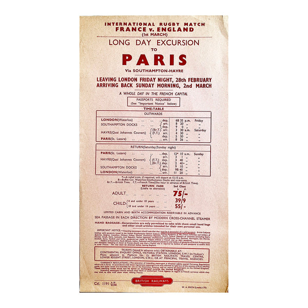Original British Railways handbill advertising a trip from London to Paris to watch the Five Nations Championship (rugby) England v France, 1st March 1958.