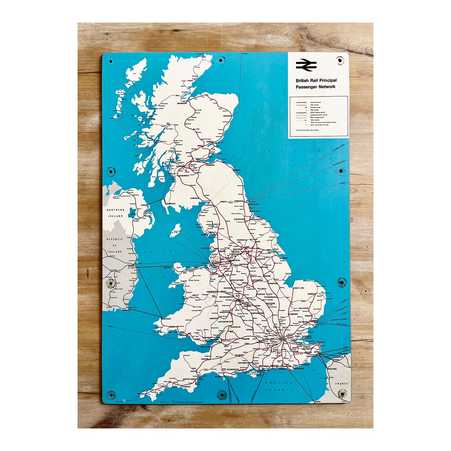 British Rail Principal Passenger Network map on melamine board, 1978. This type of rigid poster map was typically displayed in the vestibules of railway carriages