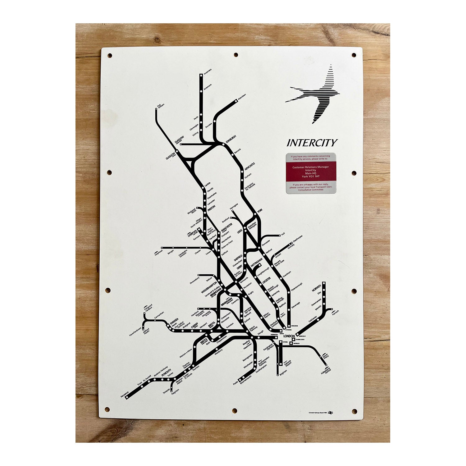 Intercity Routes of Britain map showing the Swallow emblem on melamine board. Produced by Intercity for British Railways Board in 1989. 