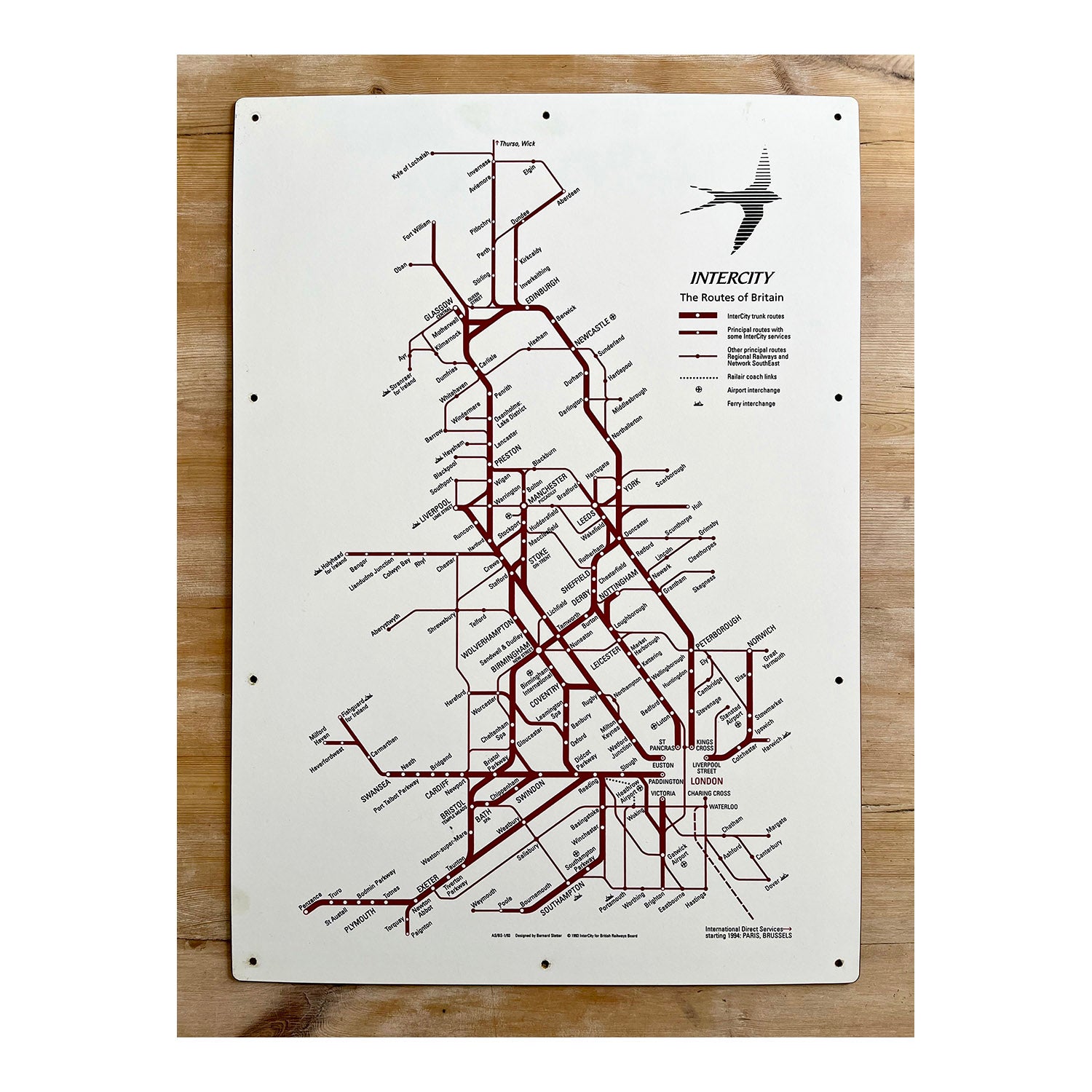 Intercity Routes of Britain map showing the Swallow emblem on melamine board. Produced by Intercity for British Railways Board in 1993