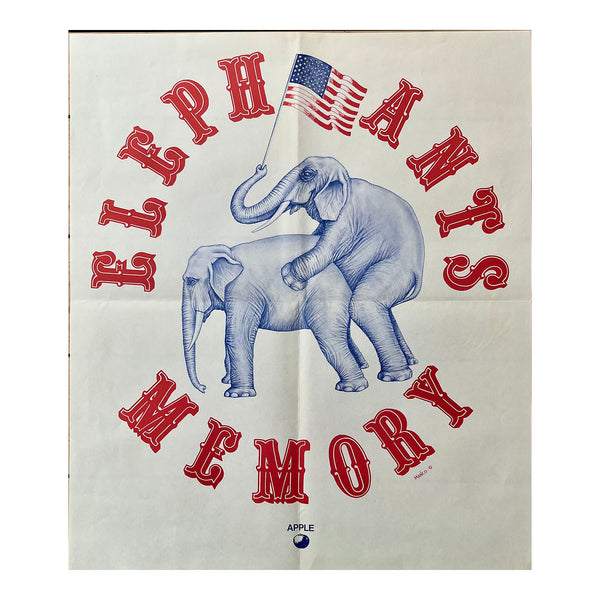 An original Apple Records promotional poster for the album Elephants Memory, released by New York rock band Elephants Memory in 1972. The design features two elephants, one mounting the other and holding an American flag in his trunk