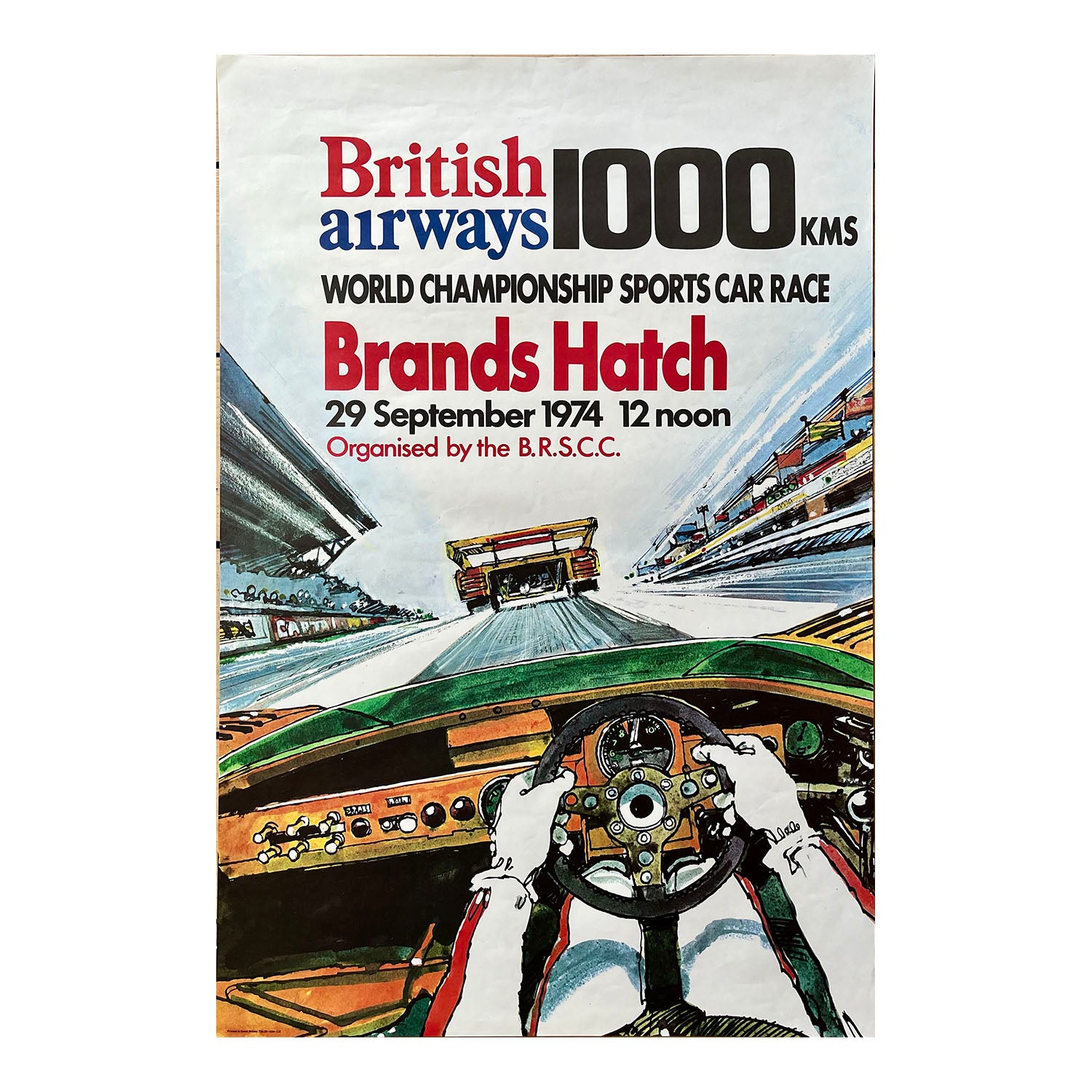  original motorsport poster for the British Airways 1000 kms World Championship Sports Car Race, held at Brands Hatch on 29 September 1974. The immersive design depicts the action from the racing driver’s perspective, with a rival car ahead and the spectator stands flashing by on each side. 